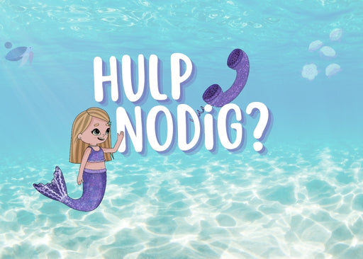 Mermaid Sisters klantenservice illustratie – zeemeermin met paarse staart naast tekst Hulp nodig en telefoonicoon