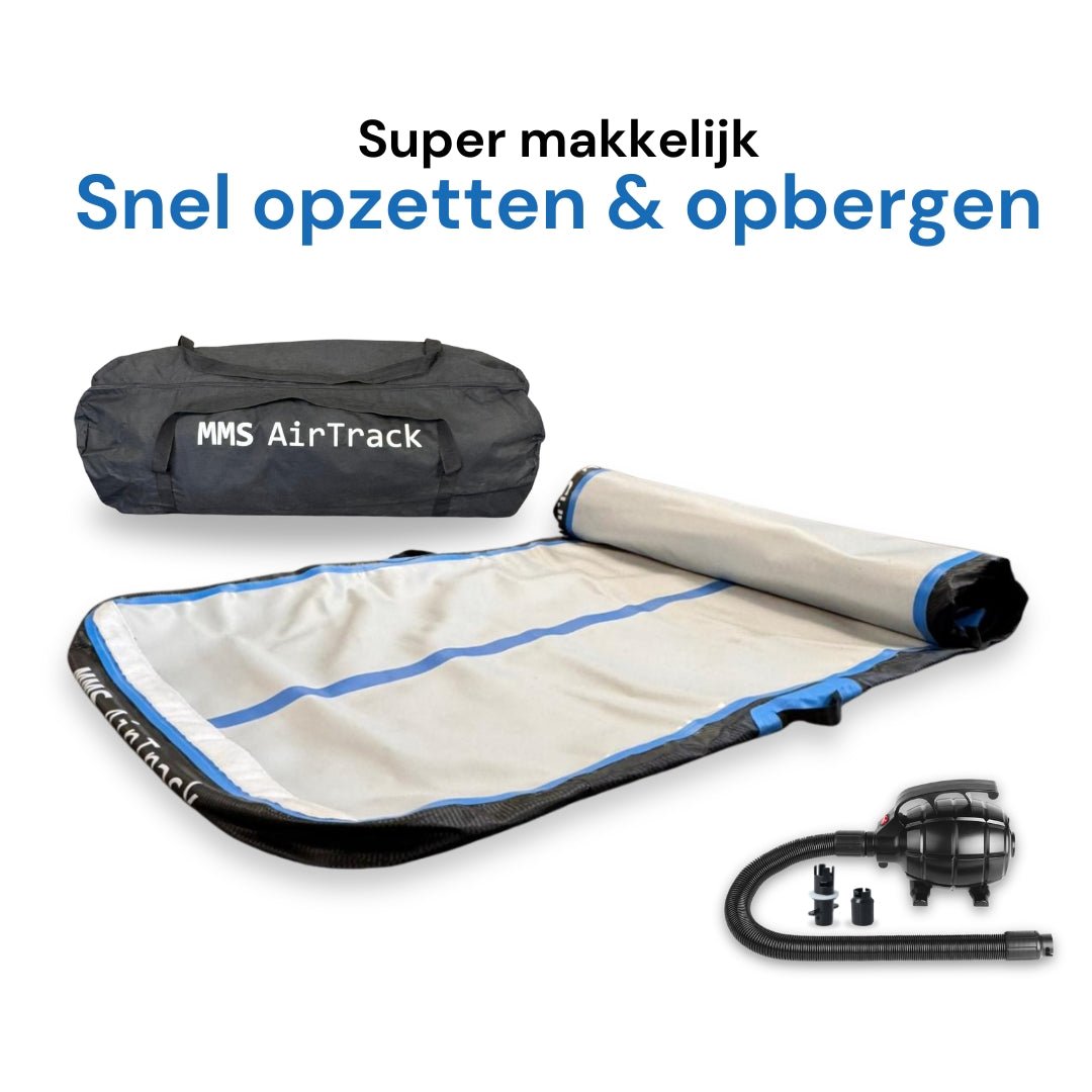 MMS AirTrack Advanced met pomp en opbergtas, ideaal voor binnen, buiten en op het water. Snel opzetten en opbergen.