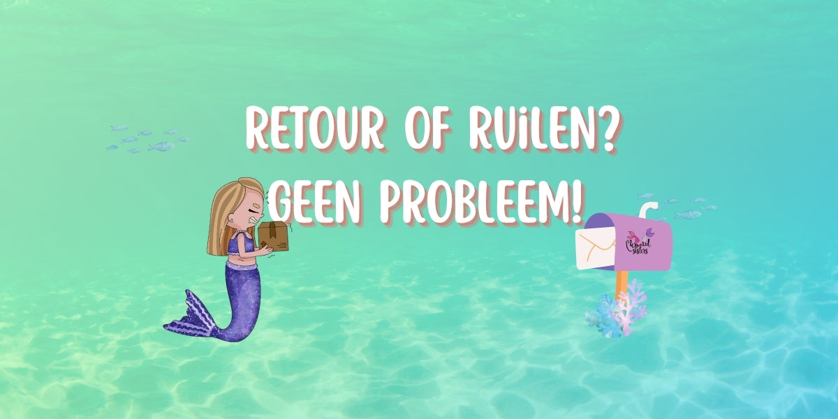 Mermaid Sisters retour of ruilen illustratie – zeemeermin met pakket en brievenbus onder water