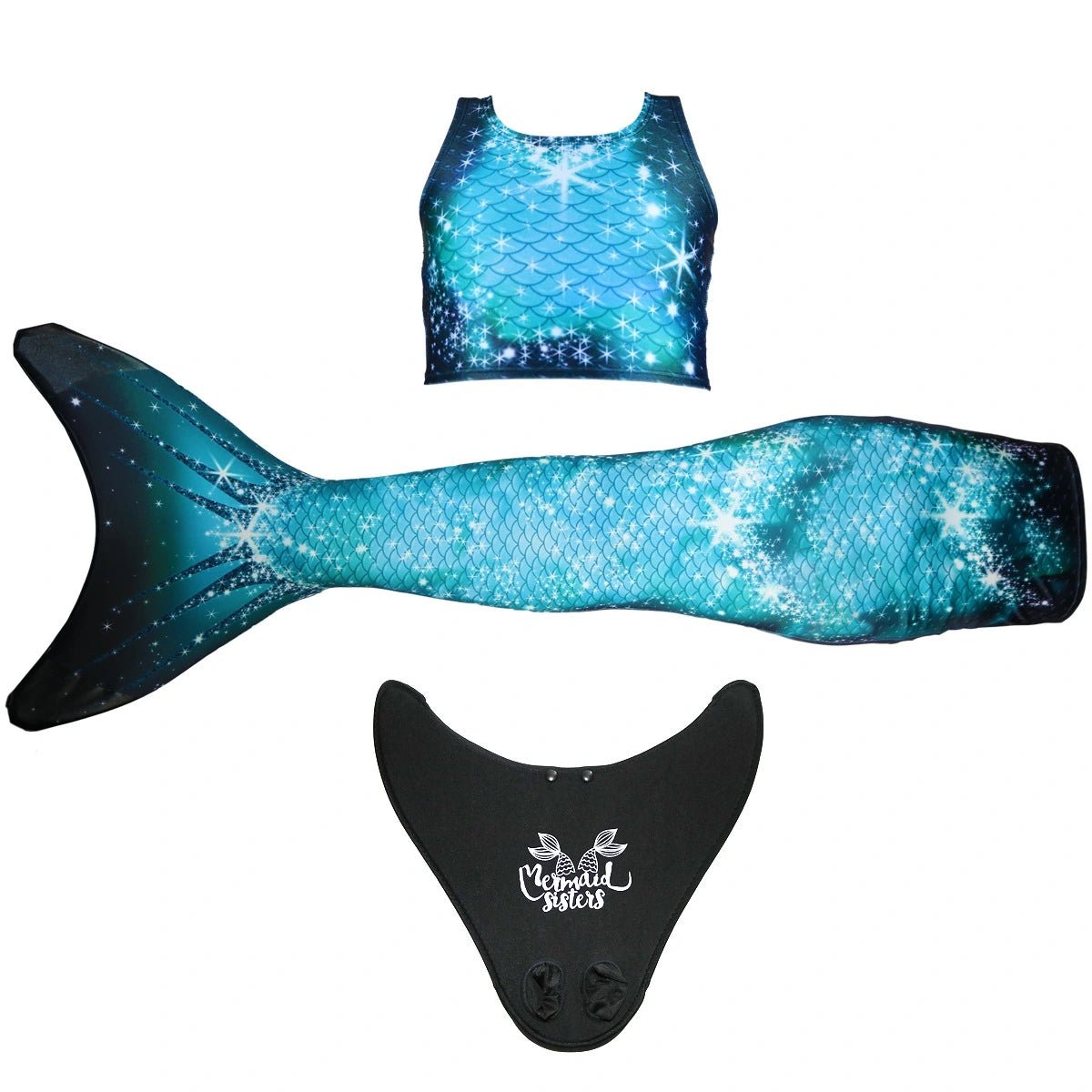 Zeemeermin staart met monovin en bikini in blauwgroene tinten – Mermaid Sisters